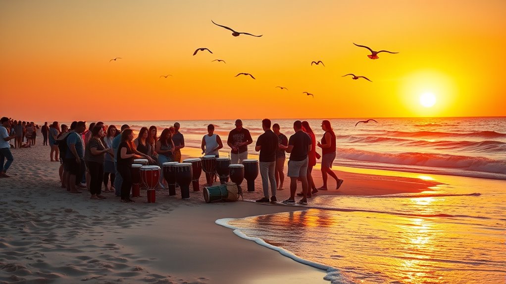 beach sunrise drum gathering