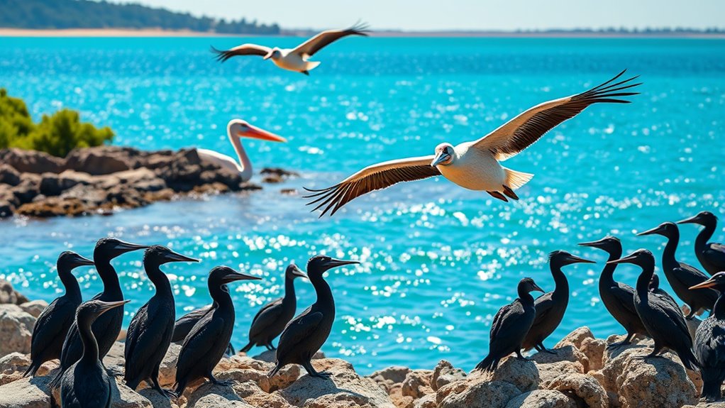 birds soaring and diving