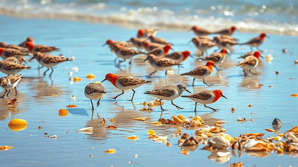 colorful active shorebirds feeding