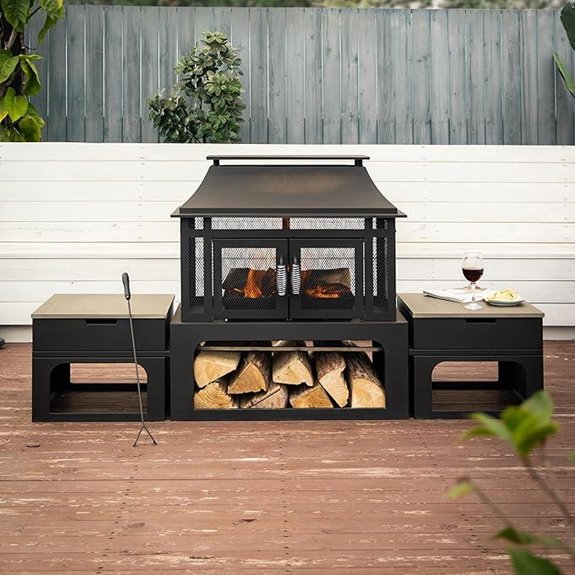 70-Inch Outdoor Steel Woodburning Fireplace with Side Tables