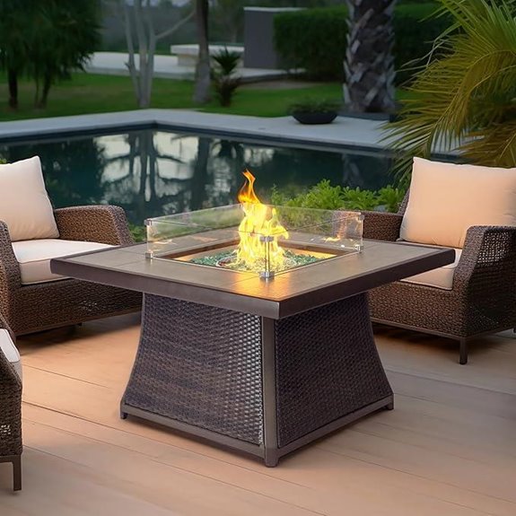 Outdoor 42 Propane Fire Pit with Wicker Base and Wind Guard