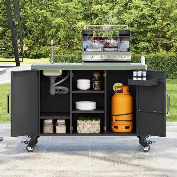 Outdoor Kitchen Island with Sink and Lockable Wheels