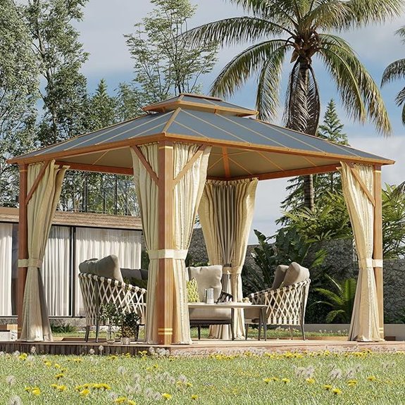 MELLCOM 10x12FT Wooden Finish Aluminum Gazebo with Curtains