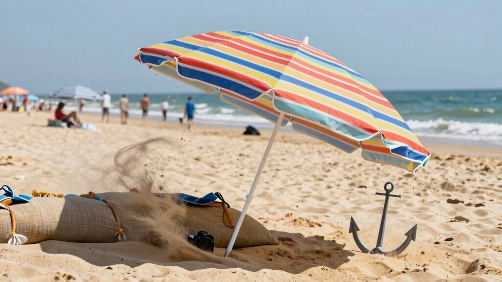 secure umbrella with sandbags